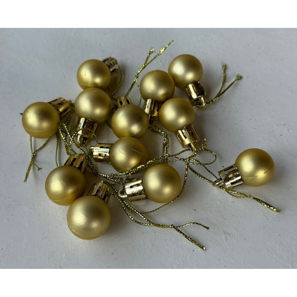 Set of 12 Miniature Ball Gold Christmas Hanging Ornaments Plastic 1" Tall (READ)